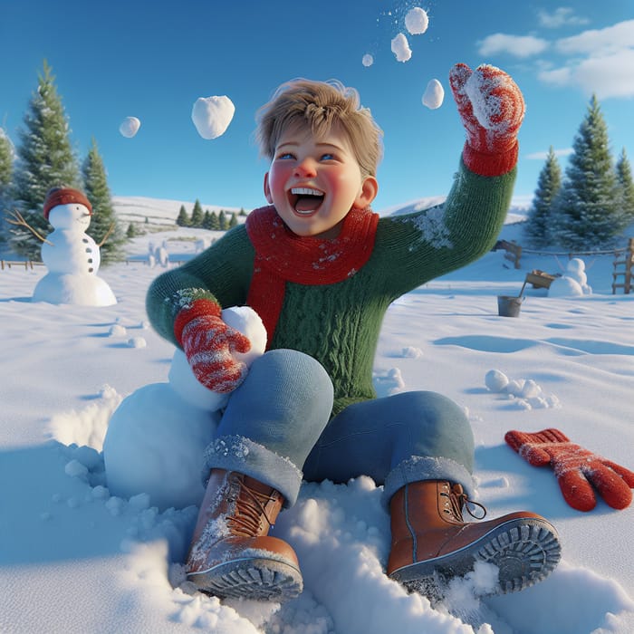 3D Snow Play: Delightful Boy Frolicking in Snow Without Coat