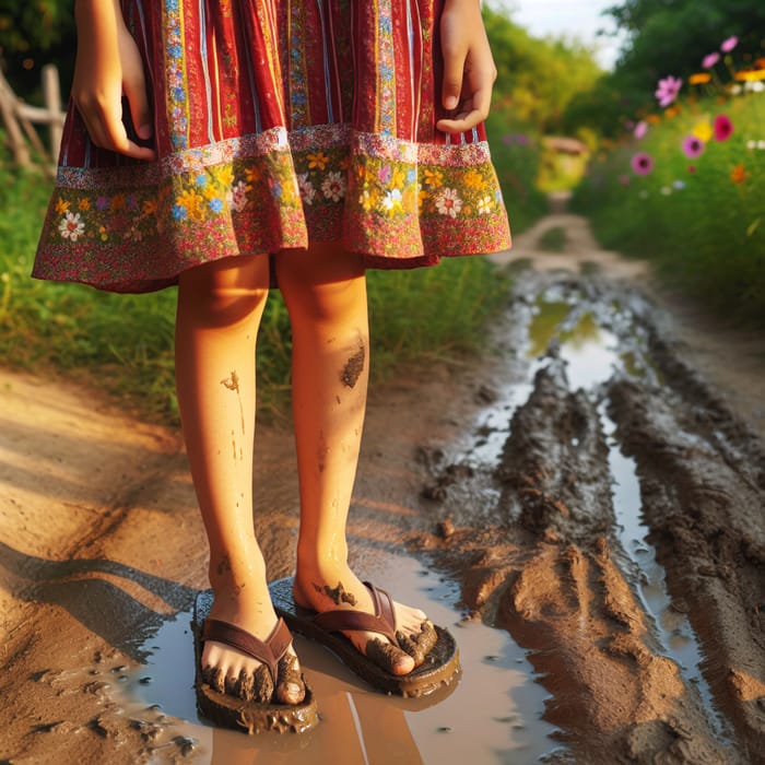 Young South Asian Girl in Muddy Flip-Flops