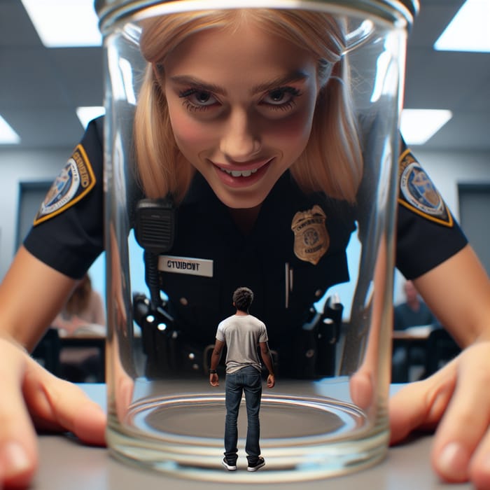 Tall Smirking Blonde Policewoman and Tiny Man in Glass Jar