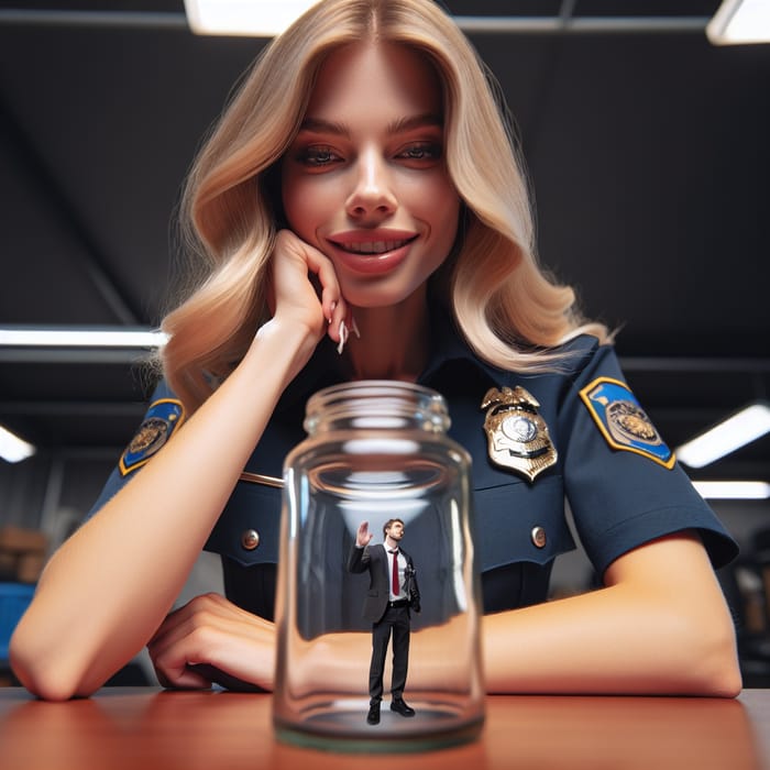 Captivating Blonde Student Policewoman Smirking in Glass Jar Scene
