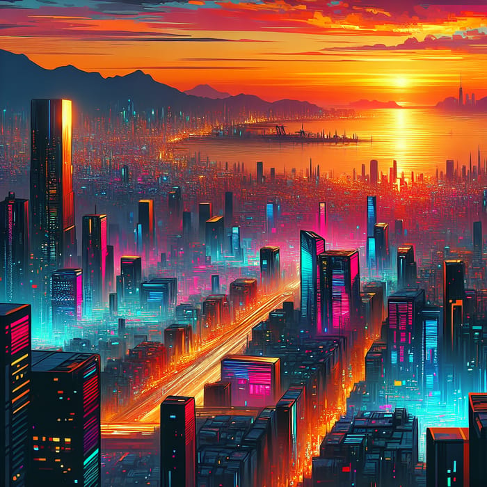 Bustling Metropolis Sunset | Vibrant Neon Cityscape