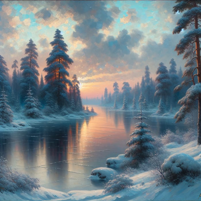 Serene Winter Landscape - Soft Hues, Snow-Covered Trees, Frozen Lake