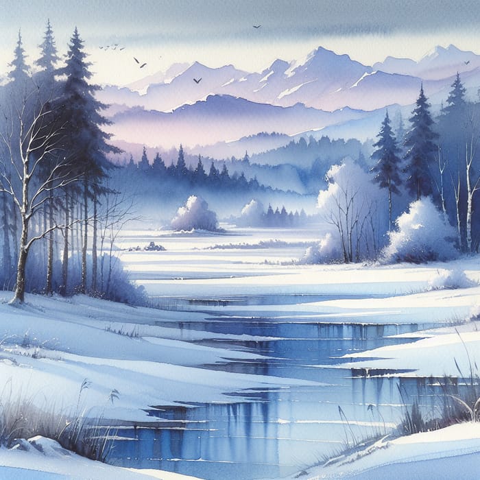 Serene Winter Morning Watercolor Landscape - Nature Inspired Art