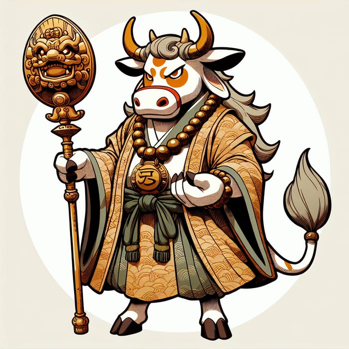 Anthropomorphic Cow with Scepter in Anime Style - Artistic Illustration