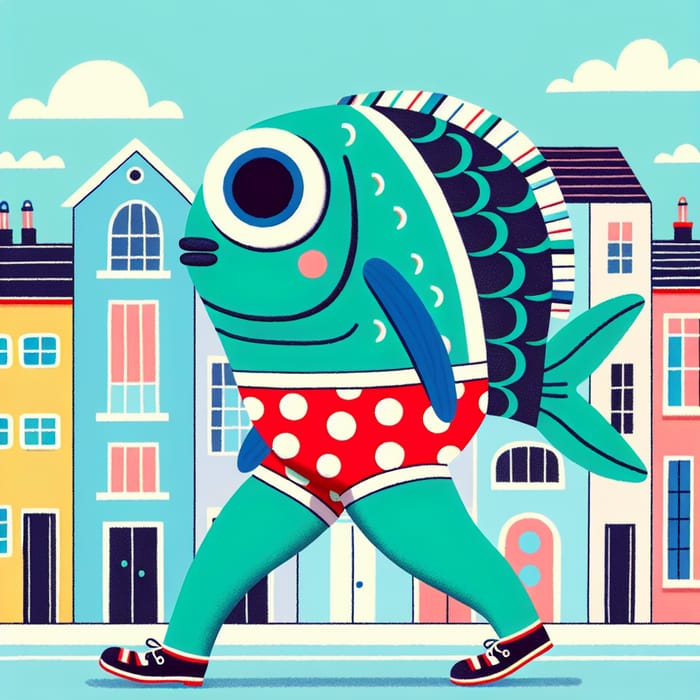 Funny Fish with Legs in Red Polka Dot Swim Suit Walking through Colorful Street