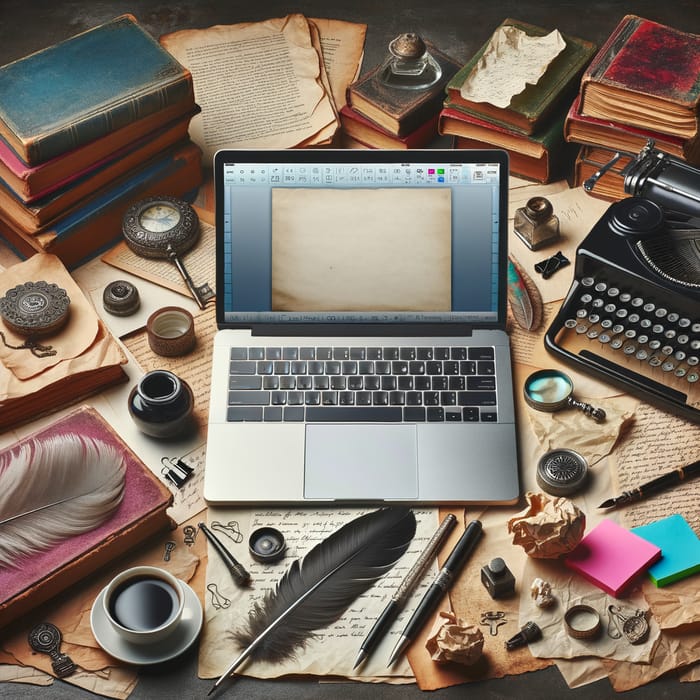 Laptop Writing Workspace with Creative Elements