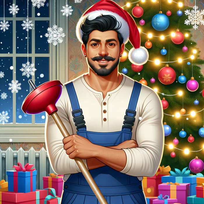 Festive Plumber in Santa Hat Holding a Plunger with Christmas Decorations