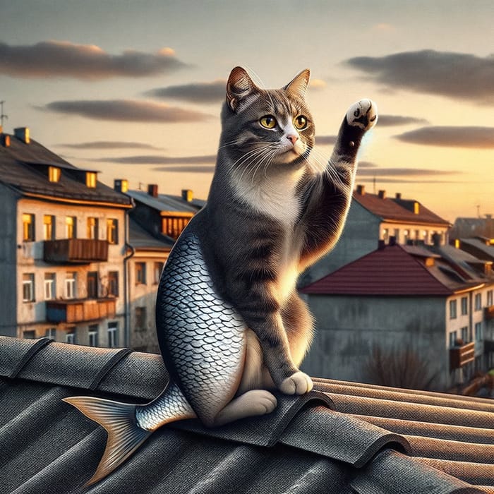 Cat with Fish Tail on Rooftop - Playful Feline Image