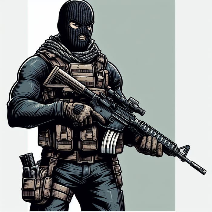 Adventure Cartoon Character in Ski Mask with Rifle - Tactical Vest