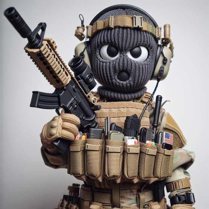 Cartoon Character in Ski Mask with Rifle and Tactical Gear