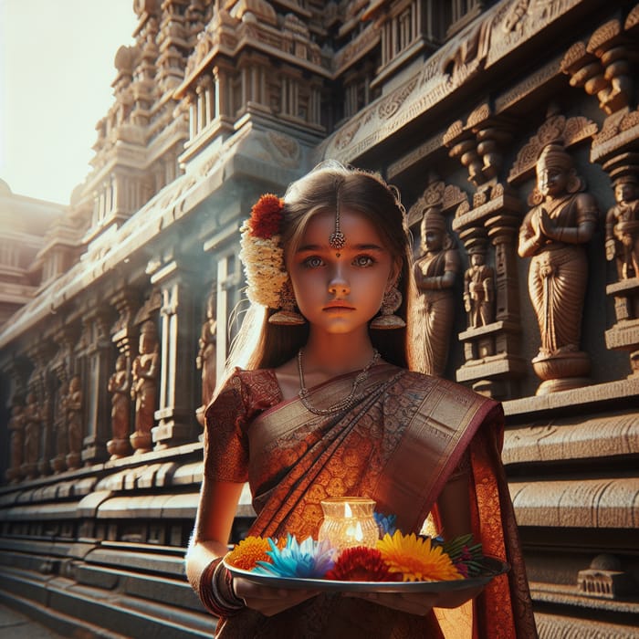 Tamil Young Girl in Silk Saree at Temple | Traditional Tamil Architecture