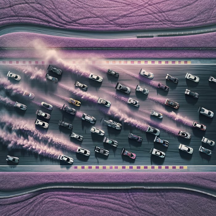Aerial View Car Races on Purple Grass Track