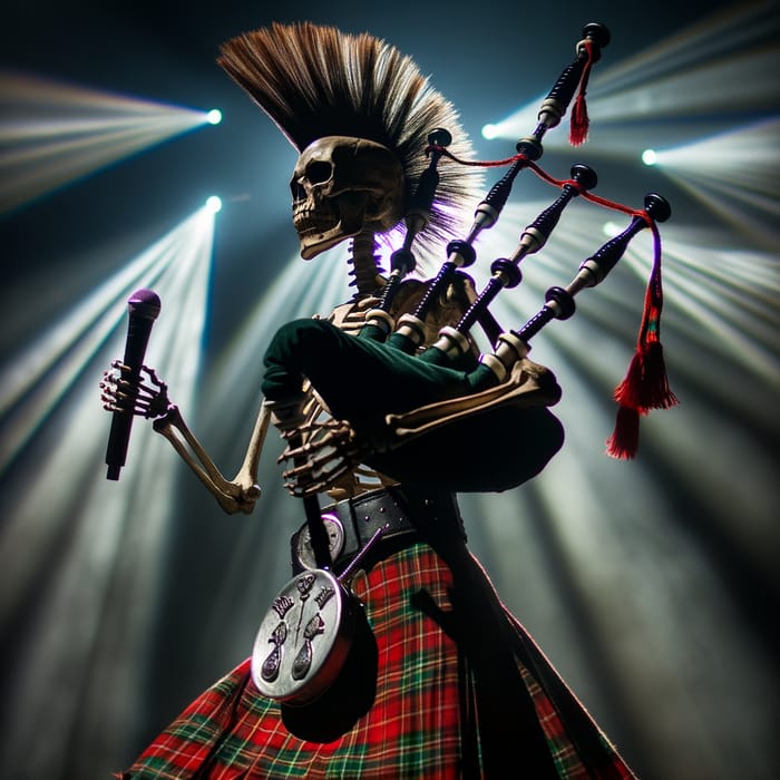 Skeleton Punk with Mohawk Playing Bagpipes in Scottish Kilt