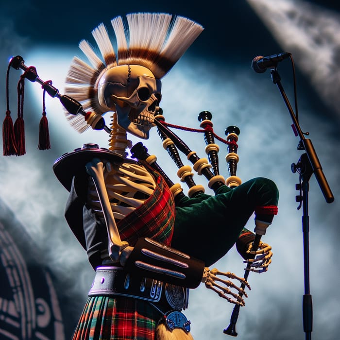 Punk Skeleton in Scottish Skirt Plays Bagpipes on Stage