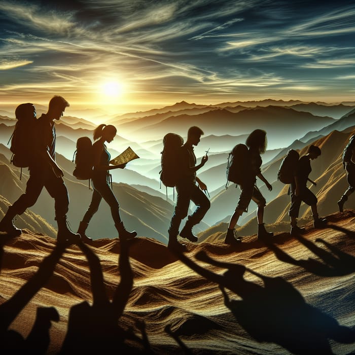 Trailblazing Explorers on a Sunset Mountain Trek