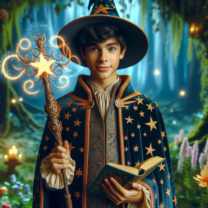 Hispanic Teenage Wizard in Enchanting Forest