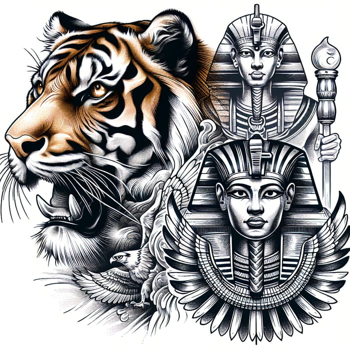 Detailed Tiger and Horus Tattoo Illustration