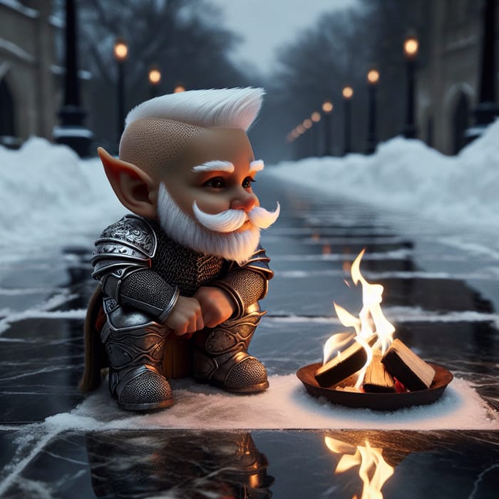 Winter Fantasy Scene with 20-Year-Old Gnome Soldier on Marble Road