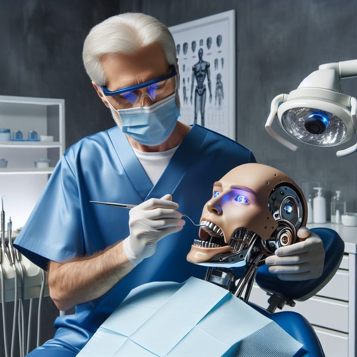 Male Dentist Perfecting Robot's Metallic Teeth | Futuristic Scene
