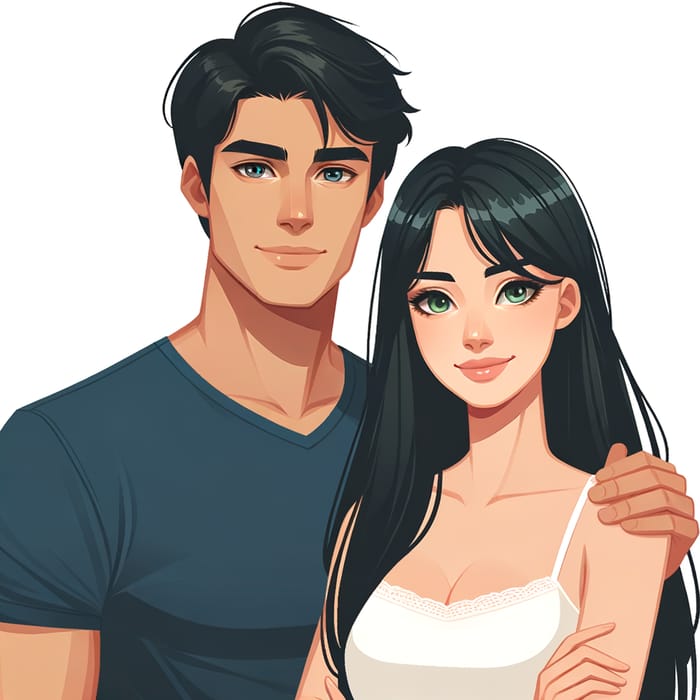 Stylish Couple: Young Woman with Black Hair and Green Eyes
