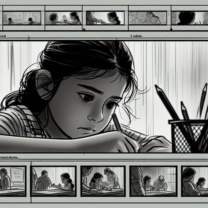 Young Hispanic Girl Sitting at Desk with Storyboard