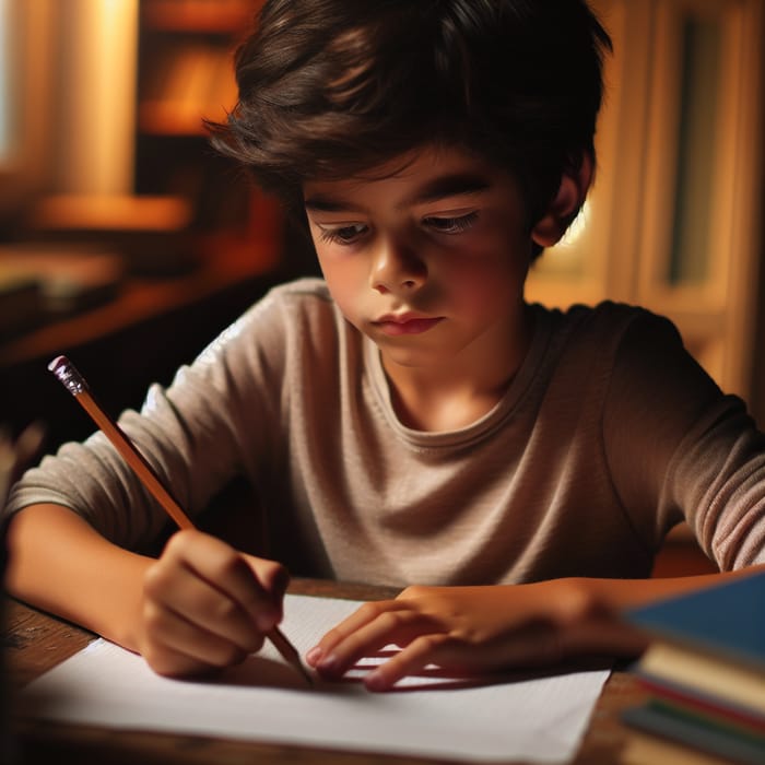 Young Boy Writing at Desk with Paper and Pencil | Creative Scene