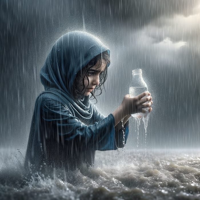 Girl with Bottle Brave in Heavy Rain