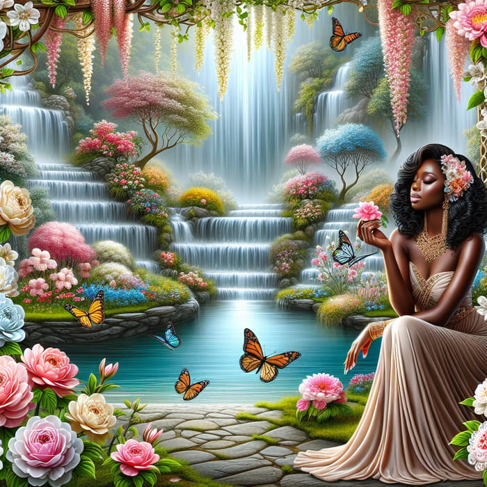 Elegant Black Woman in a Flower Garden with Waterfalls