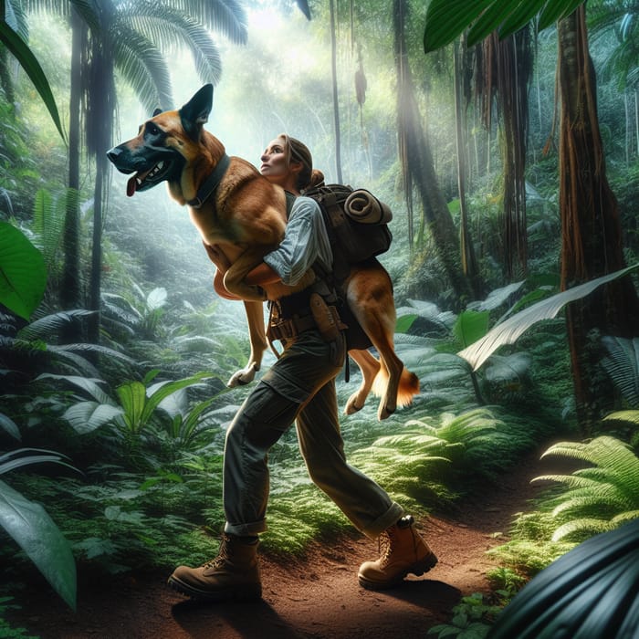 Dog Carrying Woman in Tropical Forest