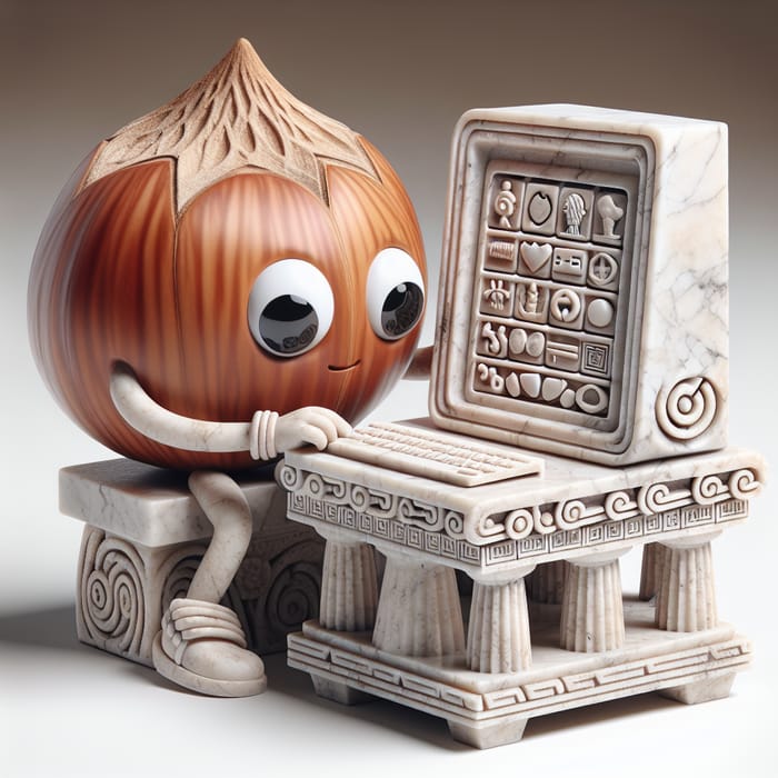 Anthropomorphic Hazelnut at Ancient Greek Style Table with Computer Design