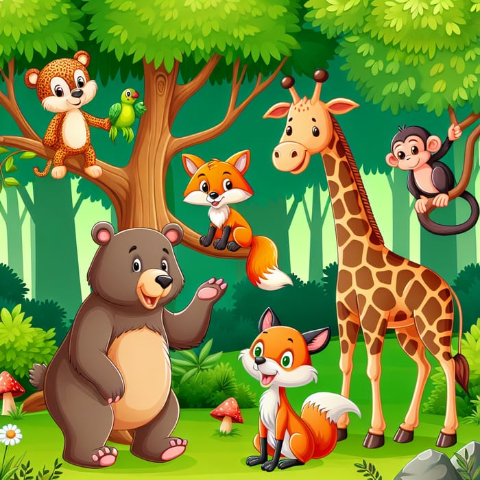 Forest Wildlife Gathering: Bear, Fox, Giraffe, Monkey & Squirrel
