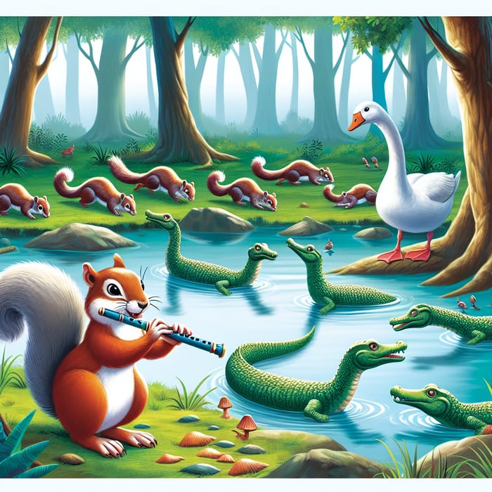 Magical Forest Scene with Squirrel Flute Performance