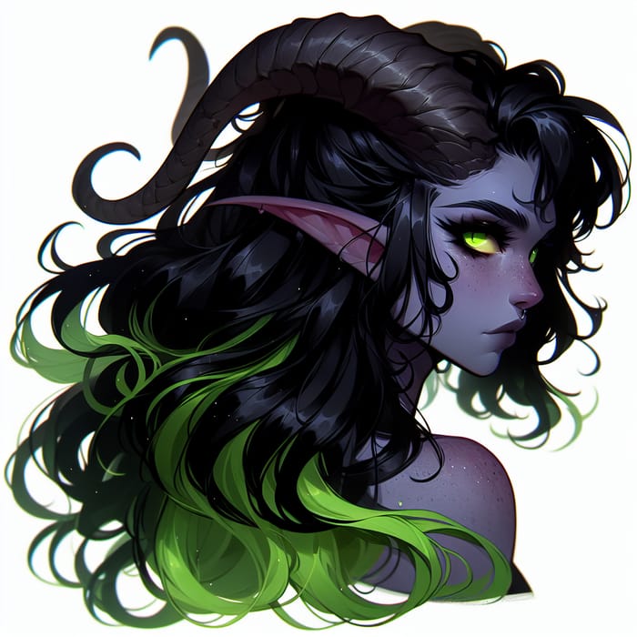 Tiefling Female with Luscious Black Hair and Green Streaks