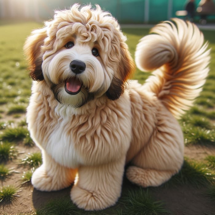 Furry Dog Sitting on Grassy Plot - A Joyful and Colorful Companion