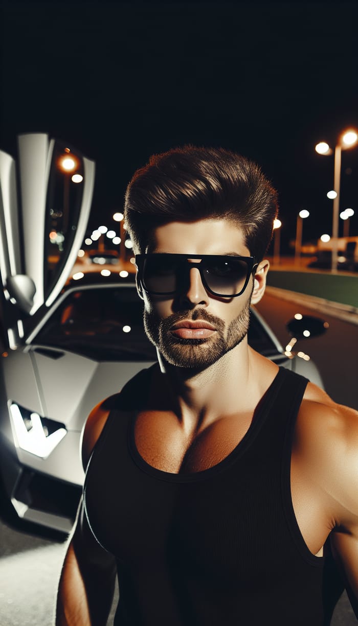 Night Shot: Stylish Caucasian Man by Luxury Sports Car