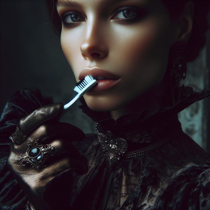 Gothic Portrait of Woman Holding Toothbrush