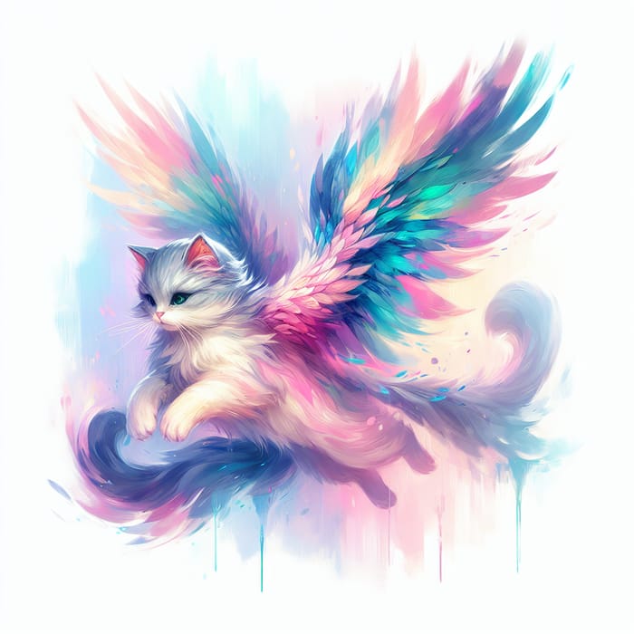 Whimsical Cat with Majestic Wings in Fantasy Flight | Pastel Illustration