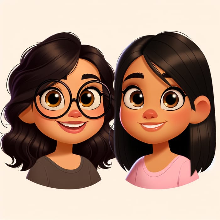 Happy Sisters with Wavy and Straight Black Hair in Pixar Animation