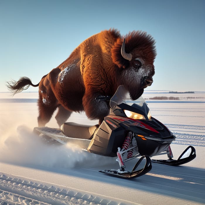 Furious Bison Riding Snowmobile on Snowy Landscape