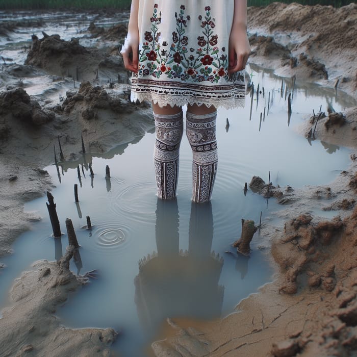 Asian Girl in Swamp | Embroidered Stockings