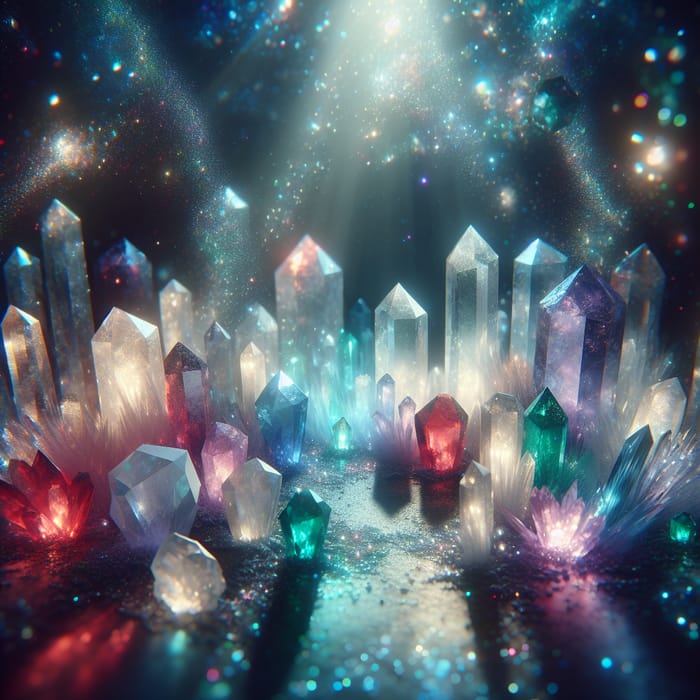 Ethereal Crystal Scene with Ruby Red, Sapphire Blue & Emerald Green Hues Ethereal Crystal Scene with Ruby Red, Sapphire Blue & Emerald Green Hues
