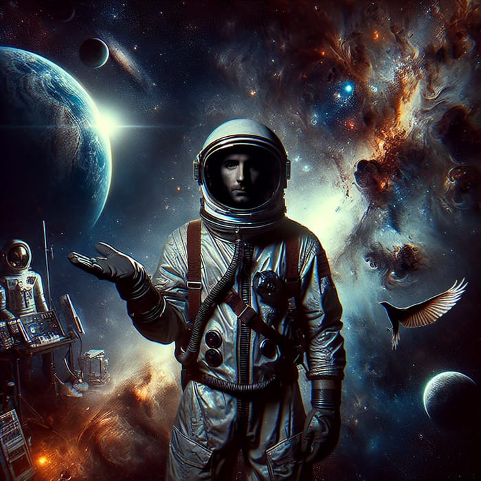 Astronaut in Space Suit among Planets and Universe - Dark and Scary Image