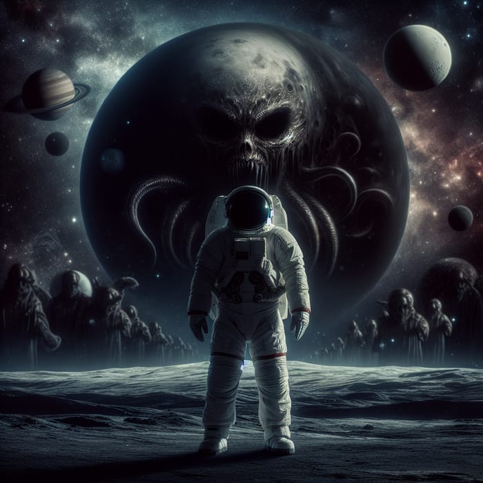 Dark and Terrifying Image of an Astronaut in Space Among Planets