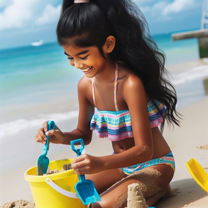 Young South Asian Girl in Bikini Building Sandcastles