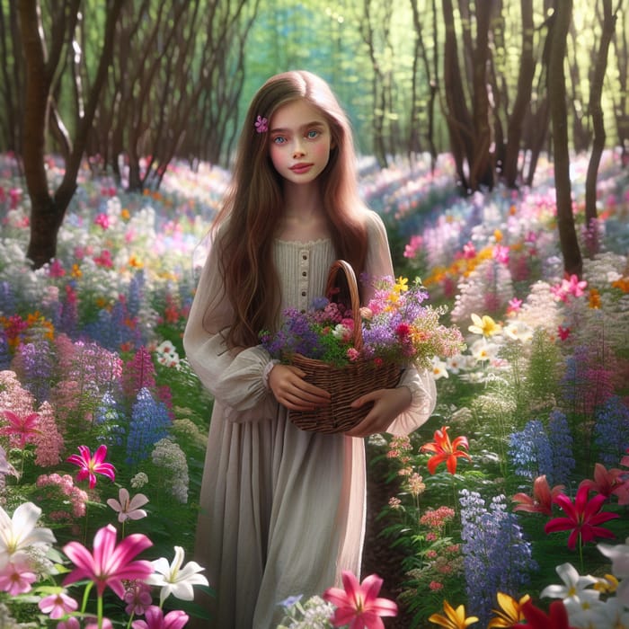 Dreamy Forest Wander: Youthful Girl Amid Vibrant Flowers