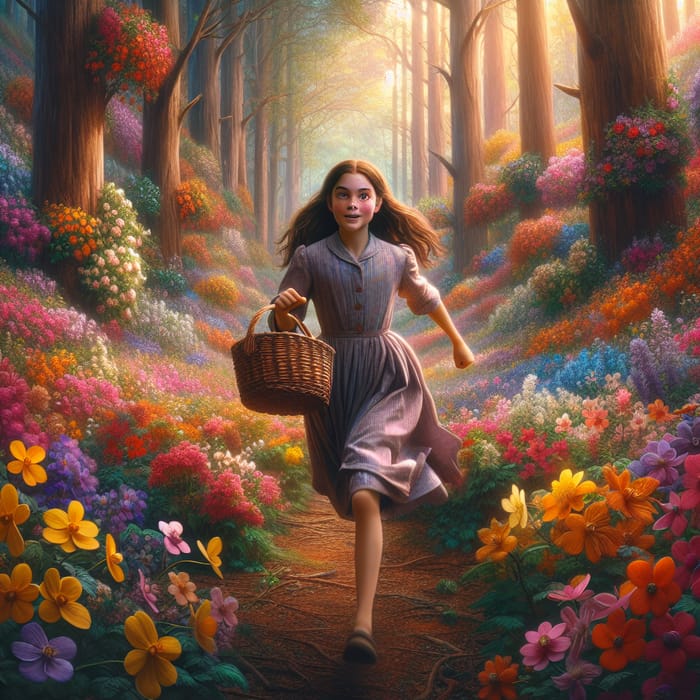 Youthful Girl in Enchanting Forest of Vibrant Flowers