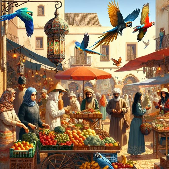 Bustling Multi-Cultural Market Scene | Diverse Vendors & Exotic Birds