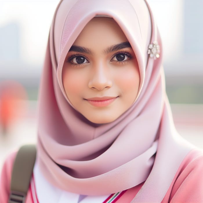 Beautiful Hijabi Girl with Black Eyes in Pink School Uniform