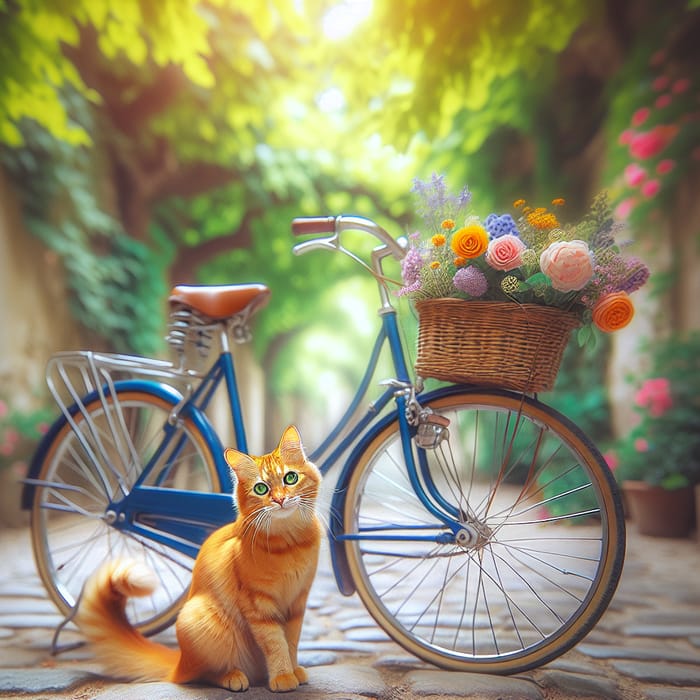 Ginger Tabby Cat on Vintage Bicycle with Colorful Flower Basket