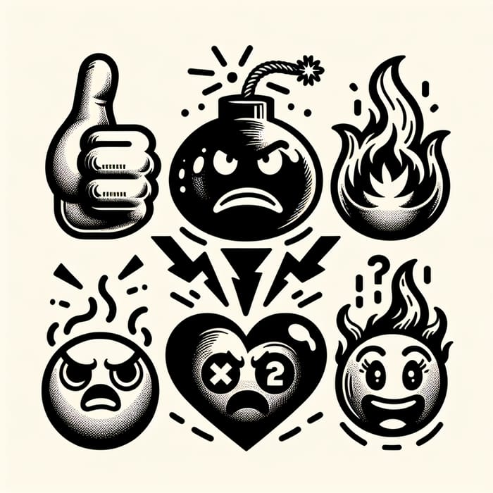 Minimalist Emoji Icons: Thumb Up, Thumb Down, Angry Bomb, Flaming Heart, Question, Iconography